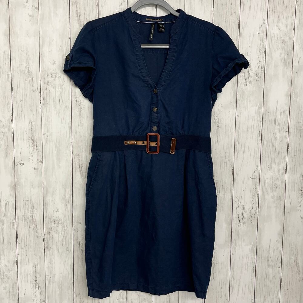 Mango Linen Navy Blue Short Sleeve V Neck Belted Quiet Luxury Preppy Money Dress